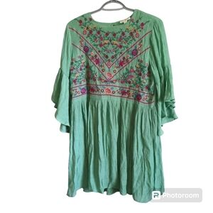 Umgee Boho Bliss Embroidered Whimsical Dress Sage Green‎ Size Small